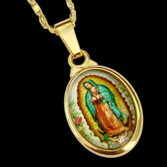 Virgin Mary Our Lady of Guadalupe Gold Necklace 20" Plated Pendant Mexican Saint - Picture 1 of 12
